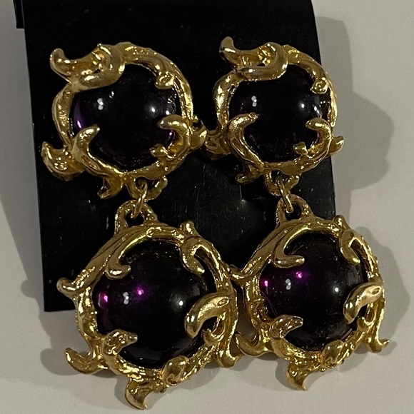 NEW Gold Double Circle Purple Gemstone Earrings. - Picture 2 of 4
